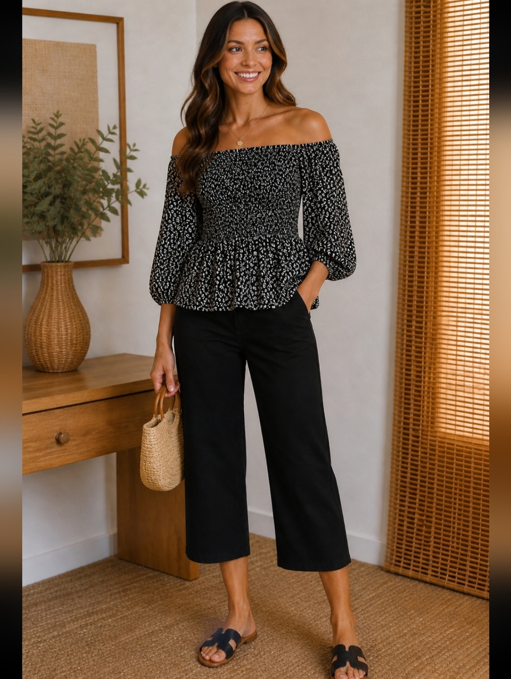 Elegant Peasant Boho Blouse With Smocked Bodice And Off Shoulder Sleeves
